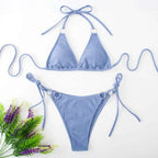 Light blue ribbed sexy bikini set with adjustable tie thong bandage straps and silver toned metal rings
