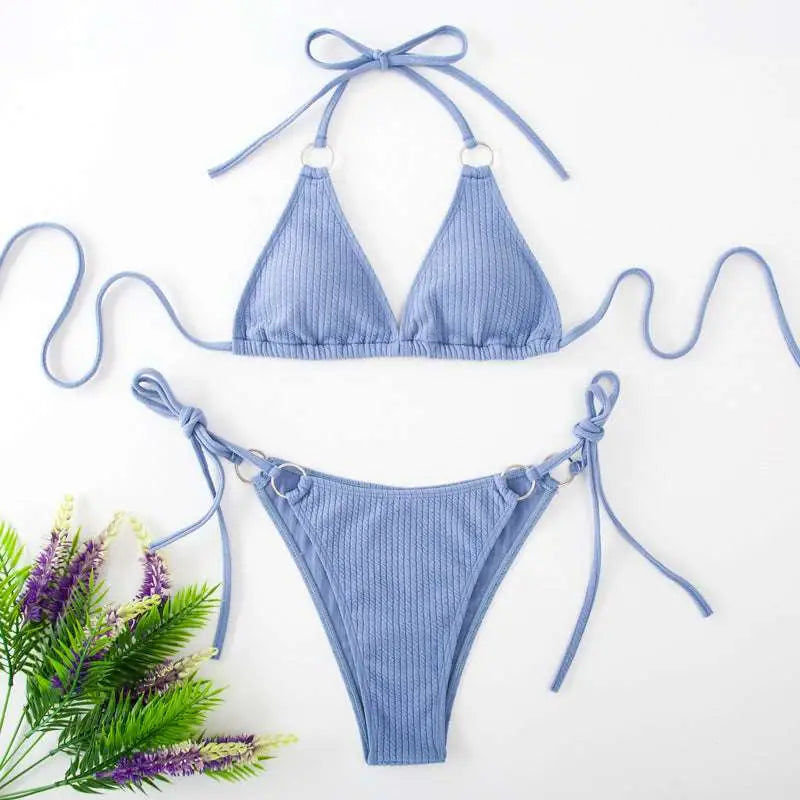 Light blue ribbed sexy bikini set with adjustable tie thong bandage straps and silver toned metal rings