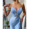 Strapless light blue satin gown with feathered bodice and matching draped skirt, elegant alternative to white satin gown plus size dresses