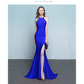 A striking royal blue satin mermaid gown with a high neckline and thigh-high slit for formal evening events