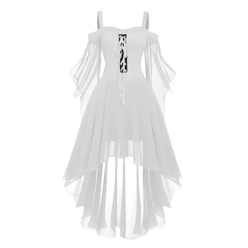 White sheer chiffon long gothic witch dress with off-the-shoulder sleeves and black lace-up front detail in 3xl