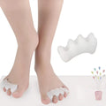 White silicone toe separators designed for comfort and effective toe alignment using soft silicone material