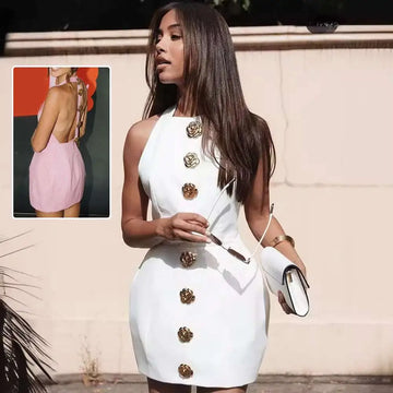 White sleeveless backless mini dress with rose button design and halter neck front closure in lightweight fabric