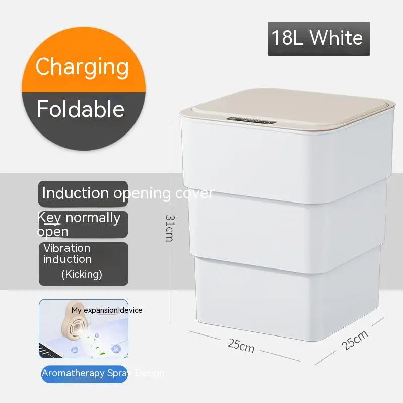 White smart trash can with induction opening cover and beige lid features sleek modern design for living room kitchen
