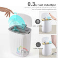 White smart trash can with wave and knee sensing technology and sleek modern design for living room kitchen