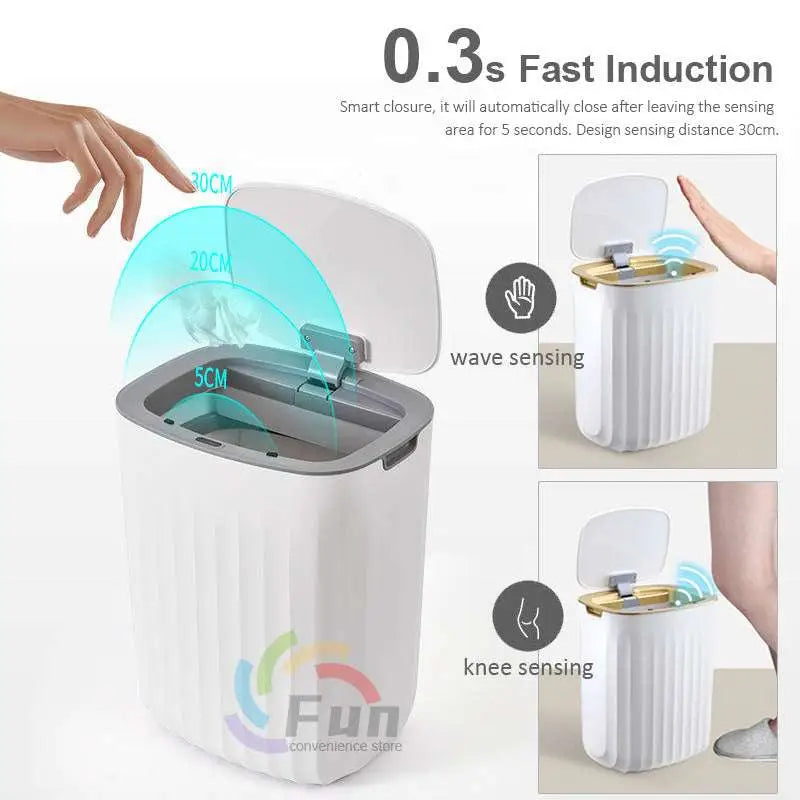 White smart trash can with wave and knee sensing technology and sleek modern design for living room kitchen