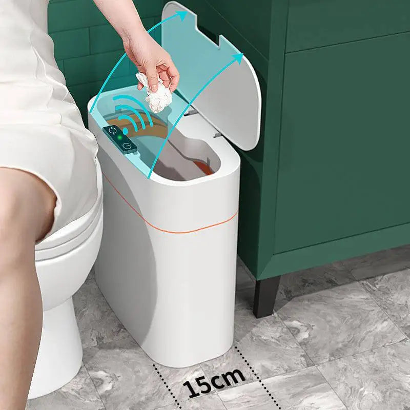 White smart trash can with sleek modern design and orange accent stripe for living room and kitchen use