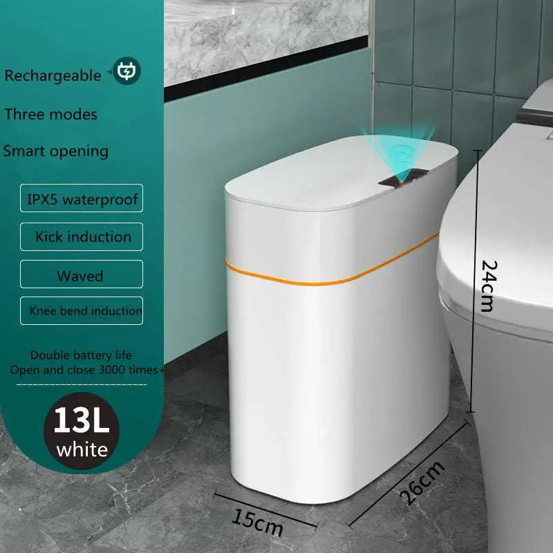 White smart trash can with orange accent stripe and motion sensor lid for living room and kitchen sleek modern design
