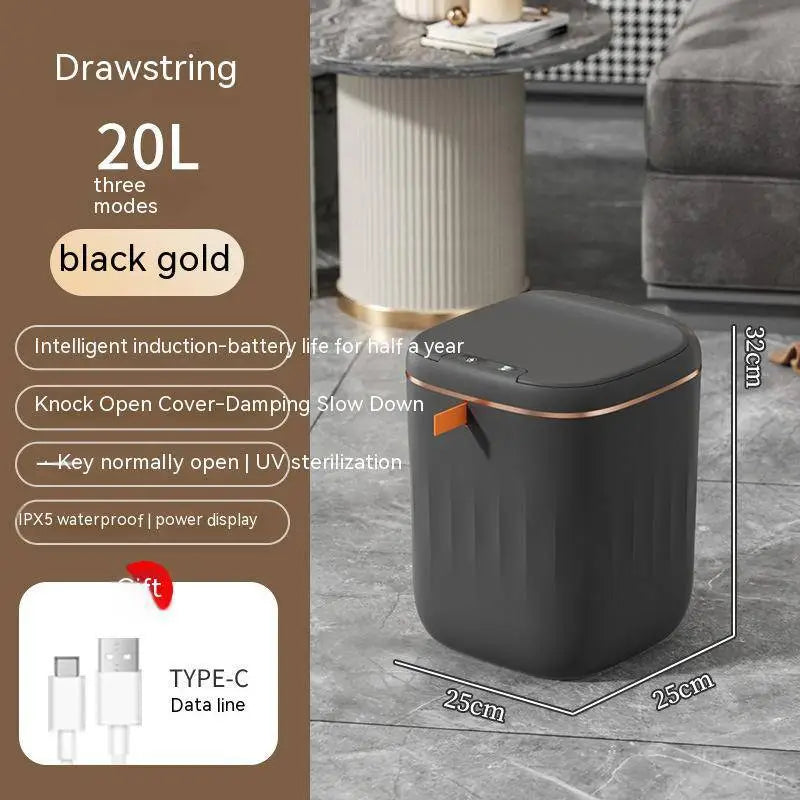 White smart trash can with sleek modern design and orange accent stripe for living room and kitchen use