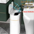 White smart trash can with sleek modern design and orange accent stripe for living room and kitchen use