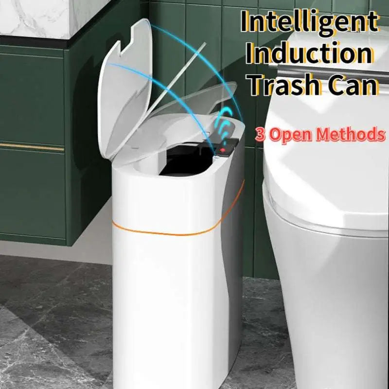 White smart trash can with sleek modern design and orange accent stripe for living room and kitchen use