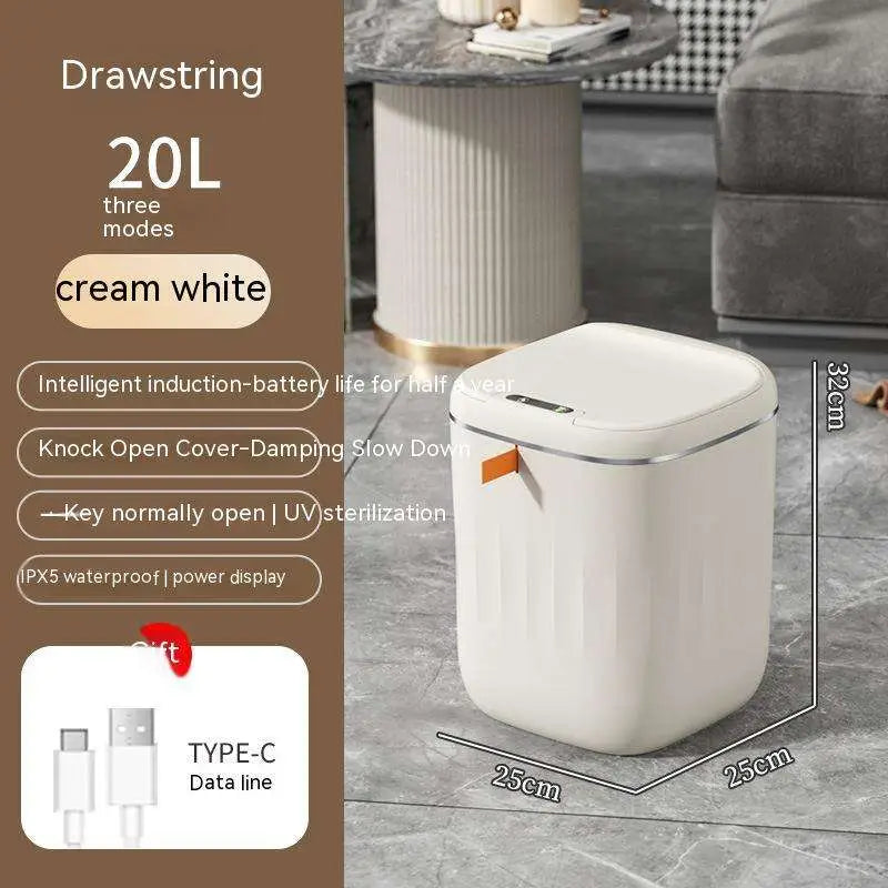 Cream white rectangular smart trash can with orange accent stripe and silver trim for living room and kitchen use
