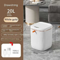 White smart trash can with white gold color and rose gold trim featuring sleek modern design for living room kitchen