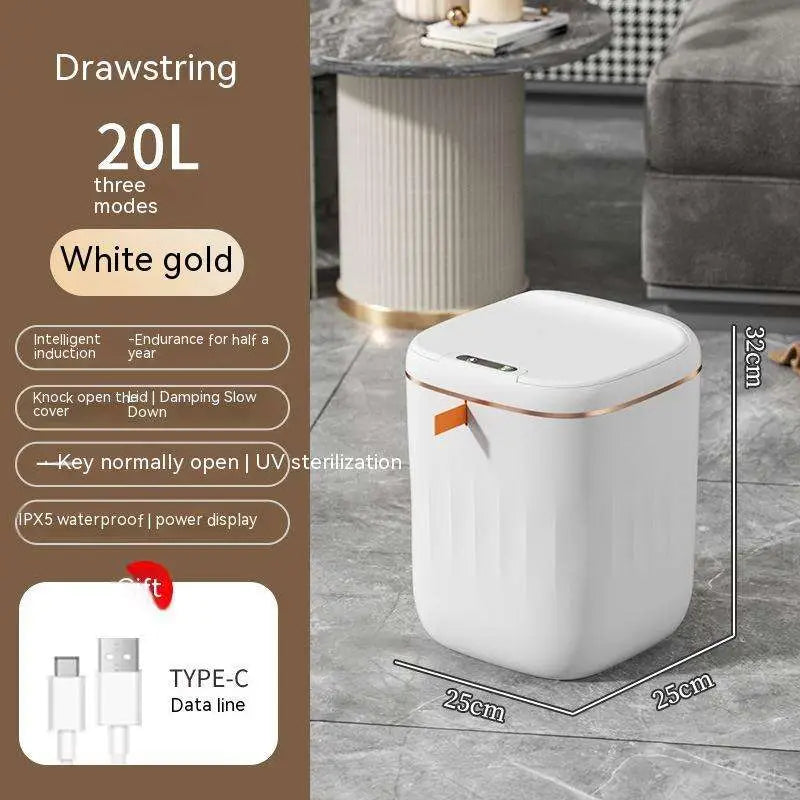 White smart trash can with white gold color and rose gold trim featuring sleek modern design for living room kitchen