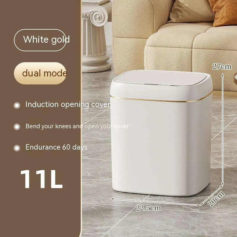 White smart trash can with white gold finish induction cover and dual mode functionality for living room kitchen
