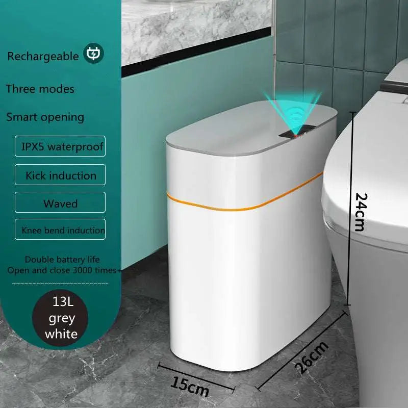 White smart trash can with sleek modern design gray and white body and orange accent stripe for kitchen and living room