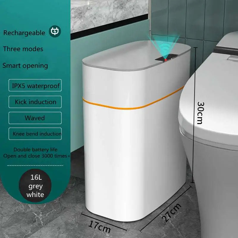 White smart trash can with orange accent stripe featuring sleek modern design for living room and kitchen use