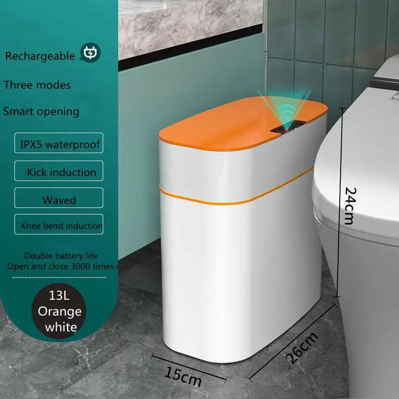White smart trash can with sleek modern design and orange accent stripe for living room and kitchen use