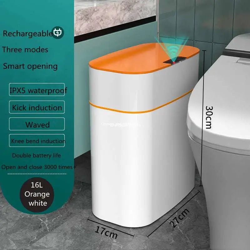 White smart trash can with sleek modern design and orange accent stripe featuring 感应开盖 smart trash technology