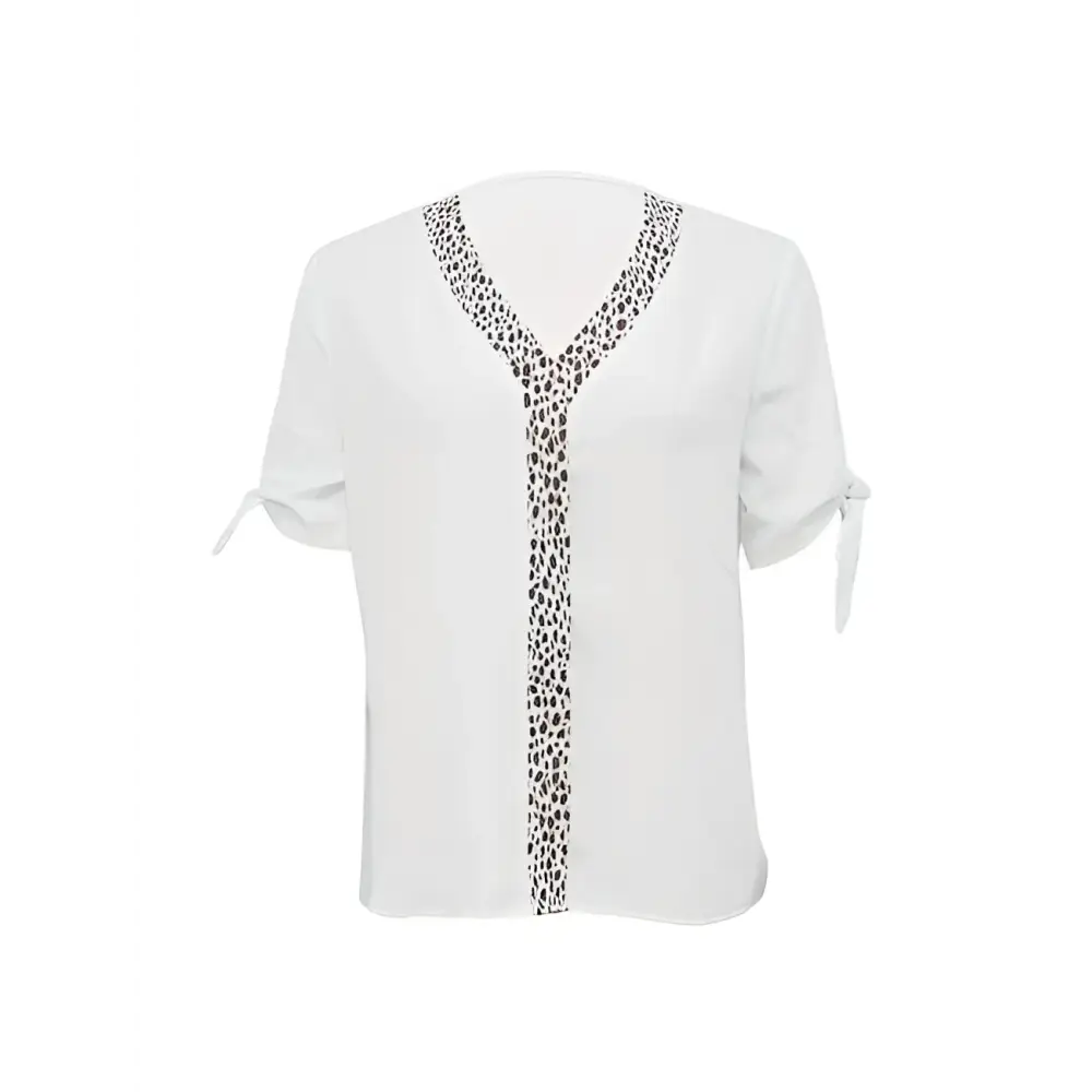 White solid color leopard print collar top with v-neckline and tied shoulder details in lightweight fabric