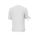White blouse with short sleeves tied at the cuffs featuring a solid color leopard print collar design