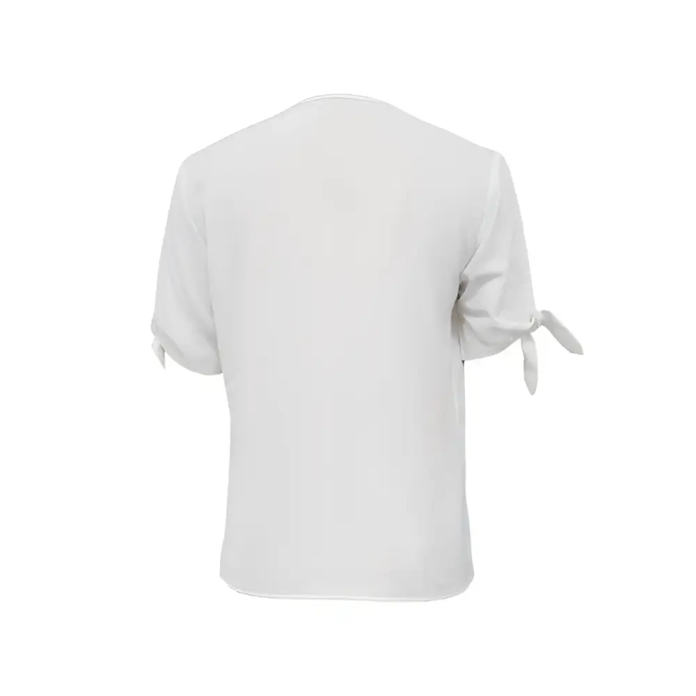 White blouse with short sleeves tied at the cuffs featuring a solid color leopard print collar design