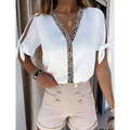 White solid color leopard print collar top with v-neckline and tied shoulder details in lightweight fabric