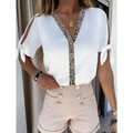 White solid color blouse with leopard print collar v-neck trim and tied shoulder details for stylish wear