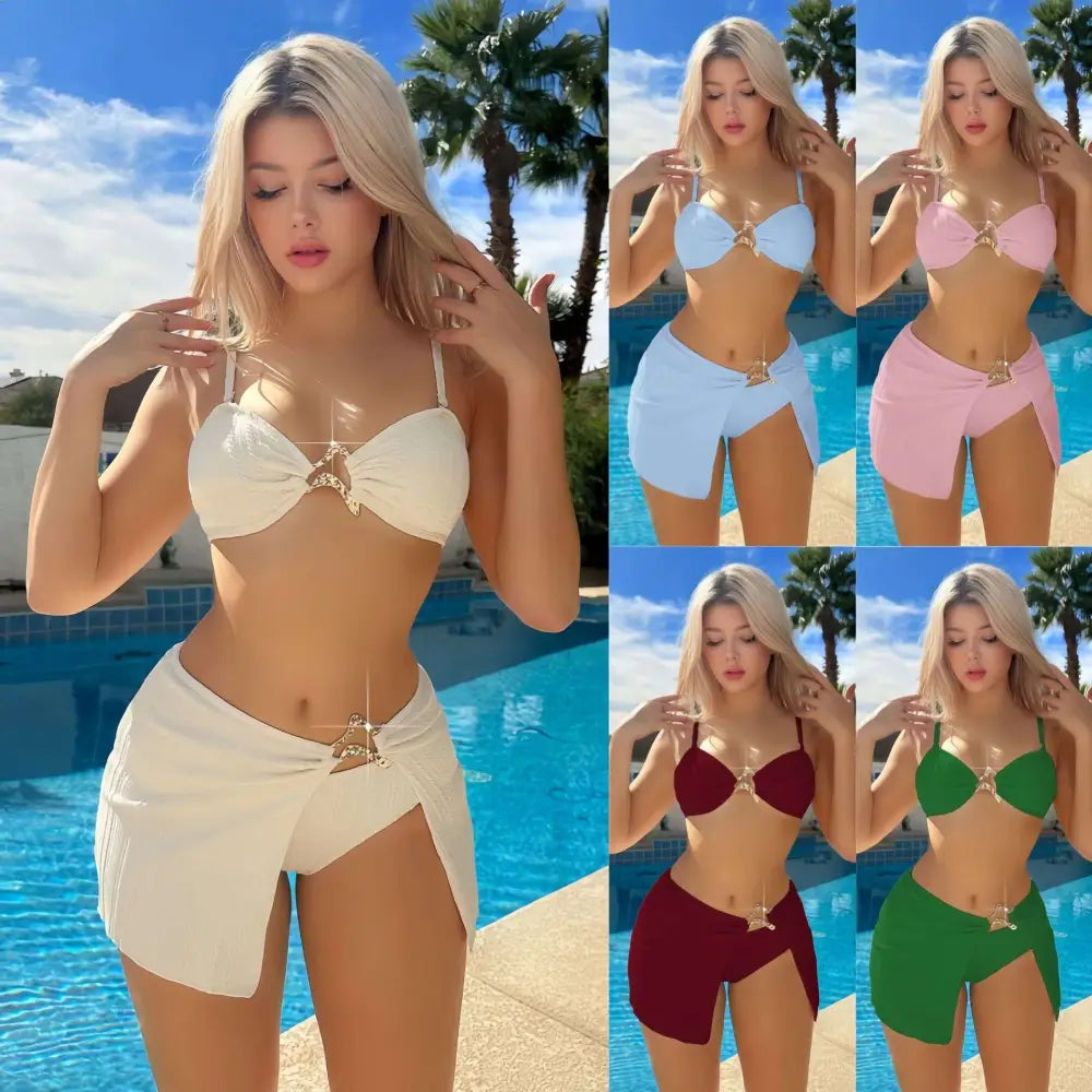 White star bow bikini swimsuit women’s three-piece set with gold star embellishments on top and waistband
