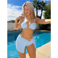 Light blue textured star bow bikini with gold star-shaped embellishments in swimsuit women’s three-piece white star bow set