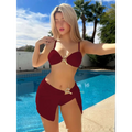 Maroon two-piece star bow bikini swimsuit women’s three-piece suit with thin straps and gold star embellishment on bra top