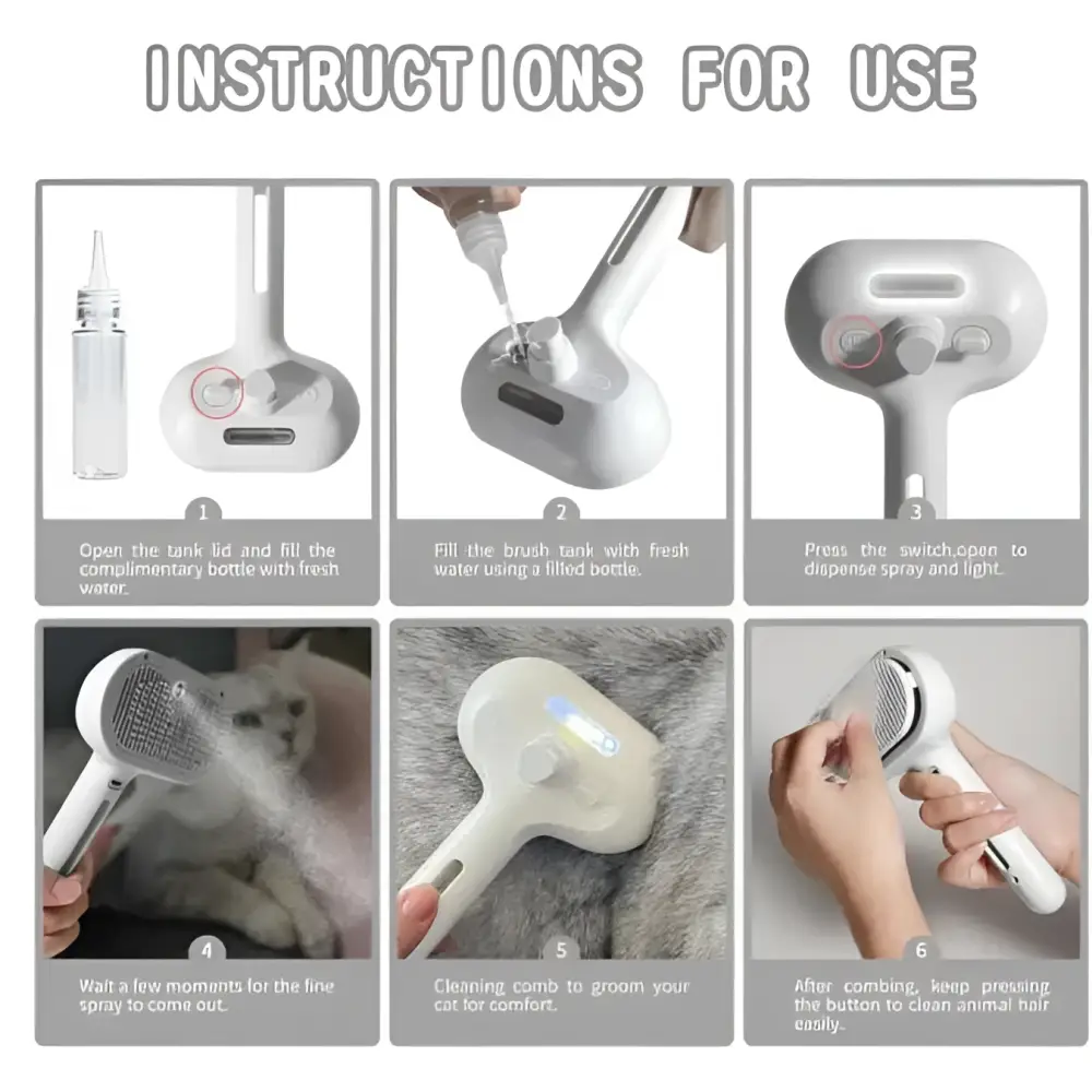 White steaming pet electric hair spray brush with ergonomic handle and spray function for grooming pets