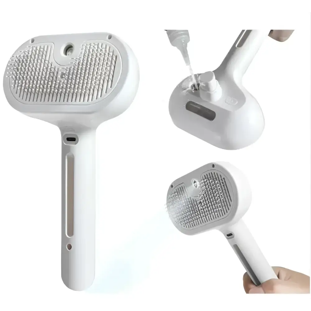 White steaming pet hair spray brush with textured grid bristle head and sleek plastic body for grooming pets