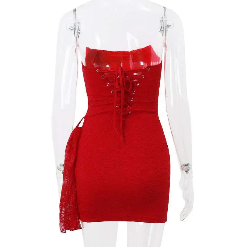 Red strapless corset-style mini dress with lace-up back and sheer side slit contrasting white floral lace party dress