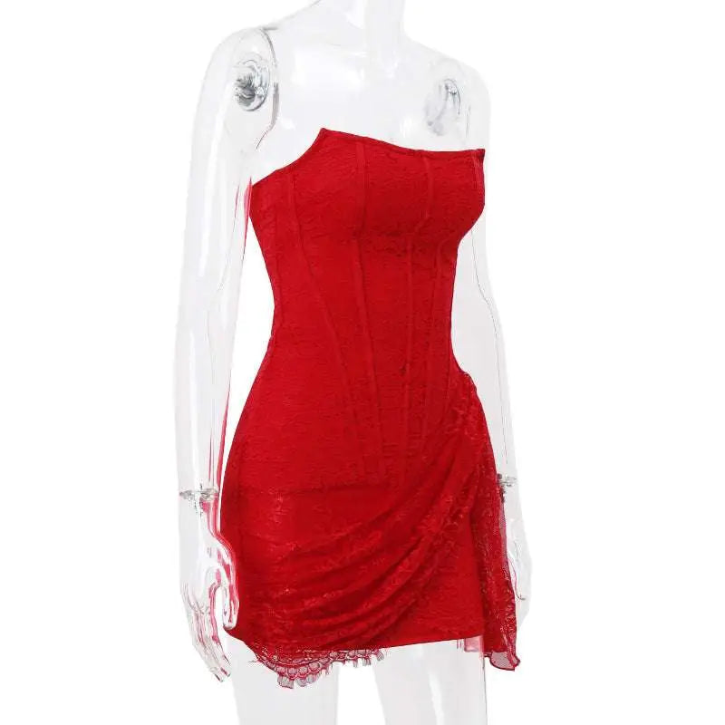 White strapless lace dress with lace corset bodice and ruched detailing ideal for party wear