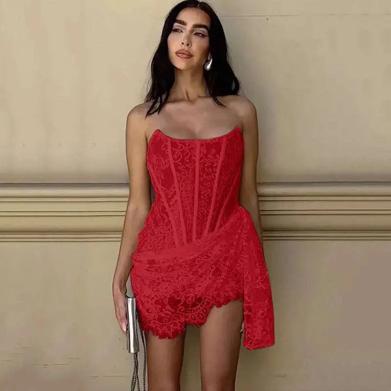 A vibrant red strapless lace dress with a lace corset bodice and asymmetrical hemline for party wear