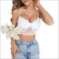 White summer french lace camisole featuring a white lace bra with sheer mesh panel and scalloped edges in ins style french underwear