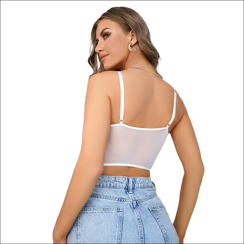 White summer French lace camisole with white lace bra featuring sheer mesh panel and scalloped edges for ins style French underwear