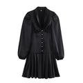 Black satin sweet satin dress with puff sleeves and waist pleated skirt for elegant occasions