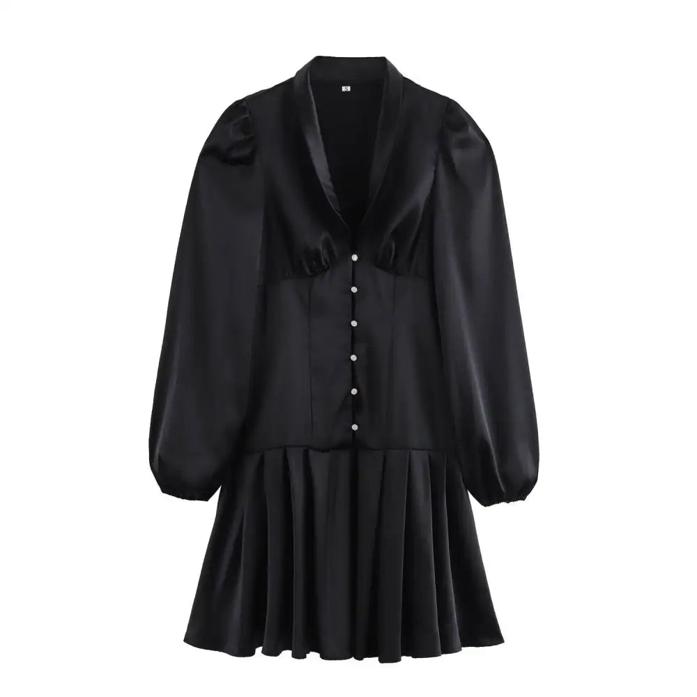 Black satin sweet satin dress with puff sleeves and waist pleated skirt for elegant occasions