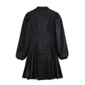 Black satin sweet satin dress with puffed sleeves and waist pleated skirt in flared silhouette