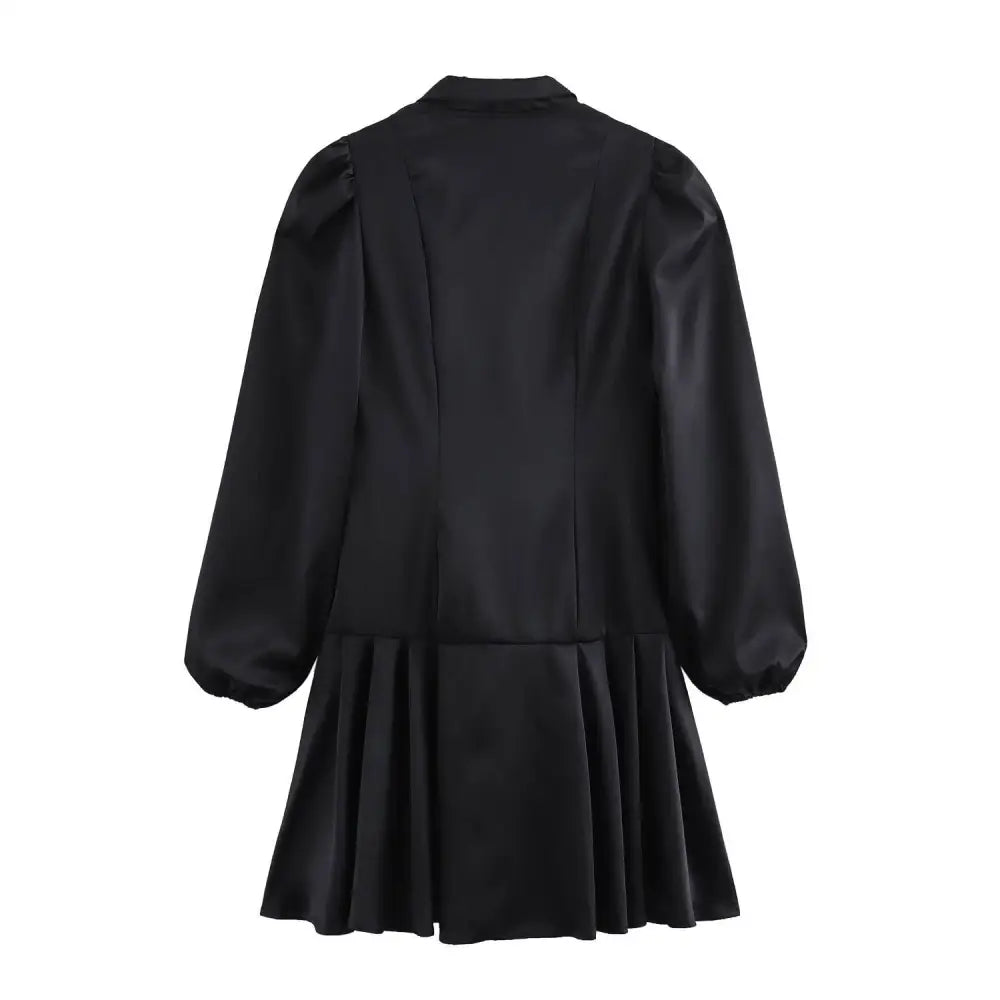Black satin sweet satin dress with puffed sleeves and waist pleated skirt in flared silhouette