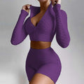 Purple textured long-sleeve zip-up crop top and high-waisted shorts set with tummy control and butt lift features