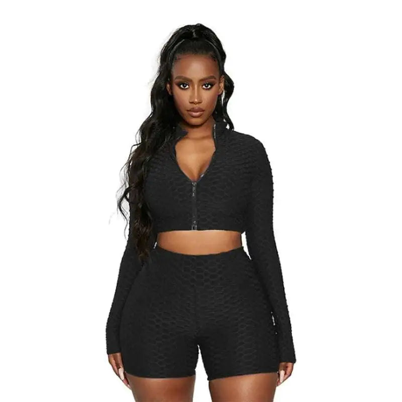 White textured long-sleeve zip-up crop top and high-waisted shorts set with tummy control and butt lift features