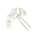 White three dimensional flower u shaped hairpin with delicate white ceramic petals and clear crystal centers on gold base