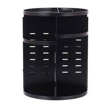 Black cylindrical desk organizer with vertical slotted panels and compartments for eyebrow pencils on multi-layer desktop