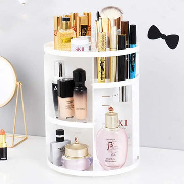 White three tier rotating makeup organizer showing multi-layer desktop storage with eyebrow pencils and cosmetics