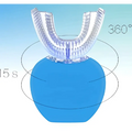 Blue ultrasonic electric toothbrush with transparent u-shaped brush head and bristles for automatic tooth cleaning