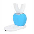 Blue ultrasonic electric toothbrush with white charging base and u-shaped brush head for automatic tooth cleaning