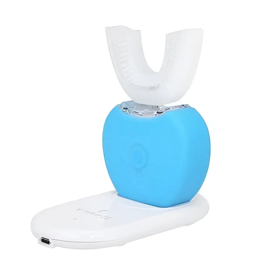 Blue ultrasonic electric toothbrush with white charging base and u-shaped brush head for automatic tooth cleaning